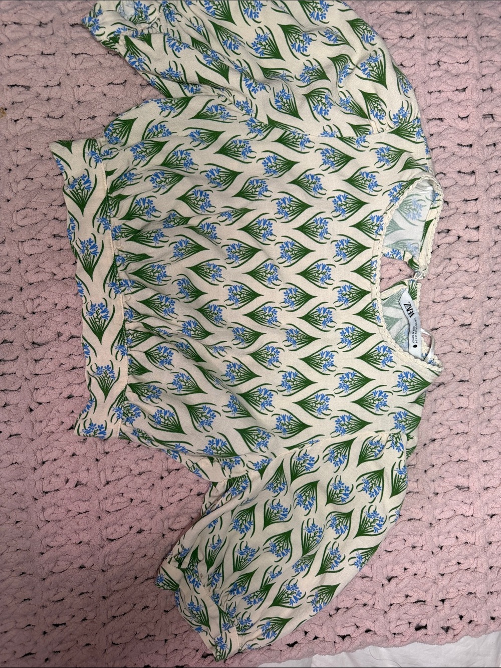 Zara Cream Cropped Tie-Front Top with Blue Floral & Green Leaf Print